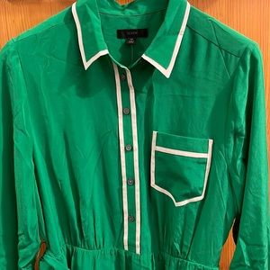 Green silk modifies shirt dress with self tie belt